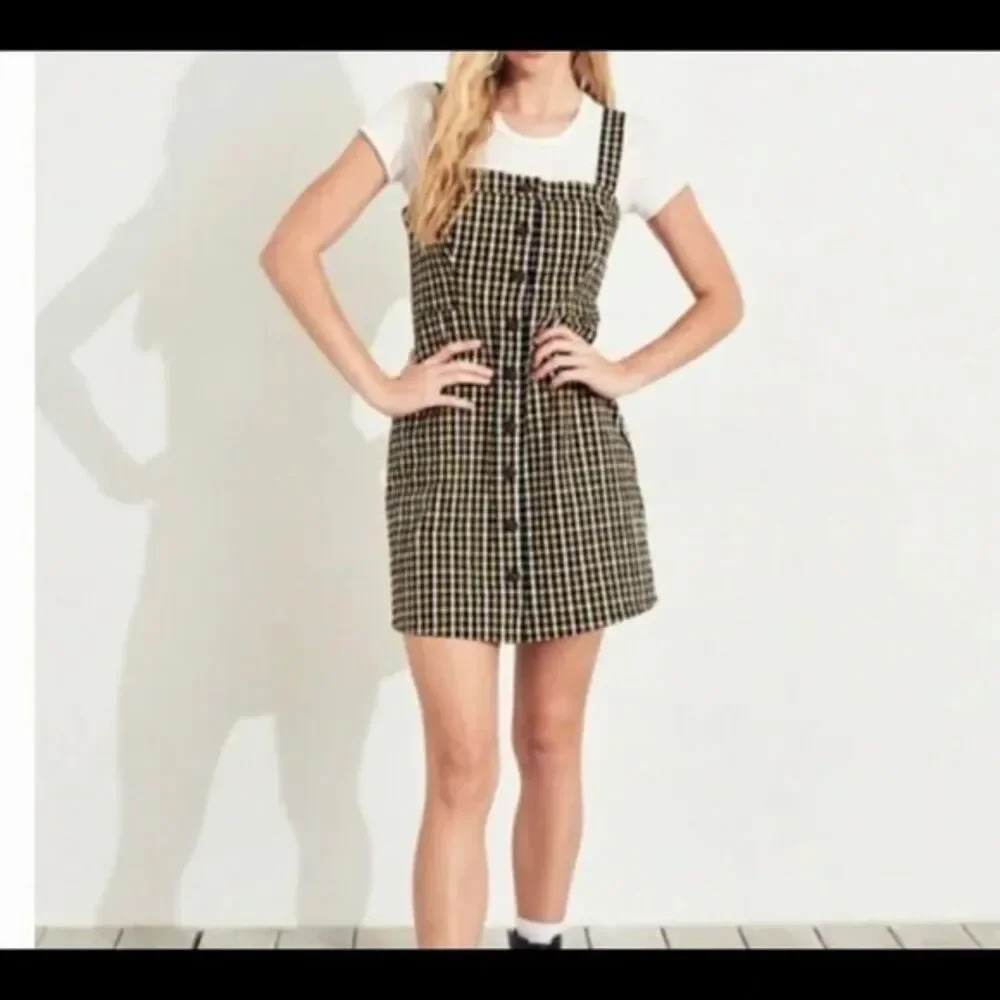 Hollister Black White Yellow Cotton Checkered‎ Gingham Suspender Dress Sz MD